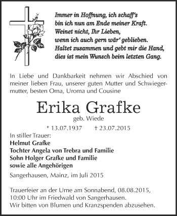 Traueranzeige von Erika Grafke von Super Sonntag SGH Mansf. Land