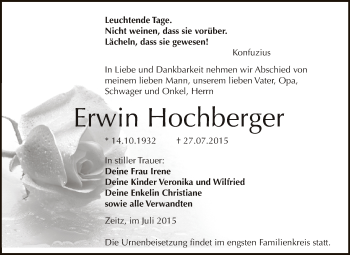 Traueranzeige von Erwin Hochberger von Super Sonntag Zeitz