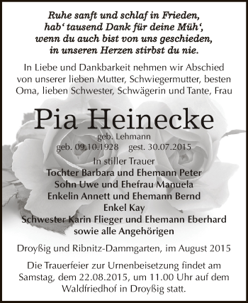 Traueranzeige von Pia Heinecke von Super Sonntag Zeitz