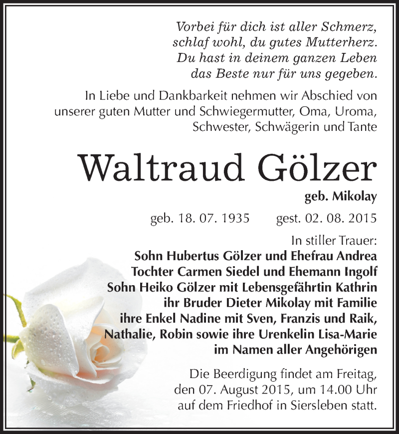  Traueranzeige für Waltraud Gölzer vom 04.08.2015 aus Mitteldeutsche Zeitung Mansfelder Land