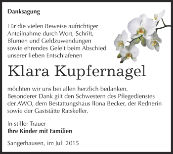 Traueranzeige von Klara Kupfernagel von Super Sonntag SGH Mansf. Land