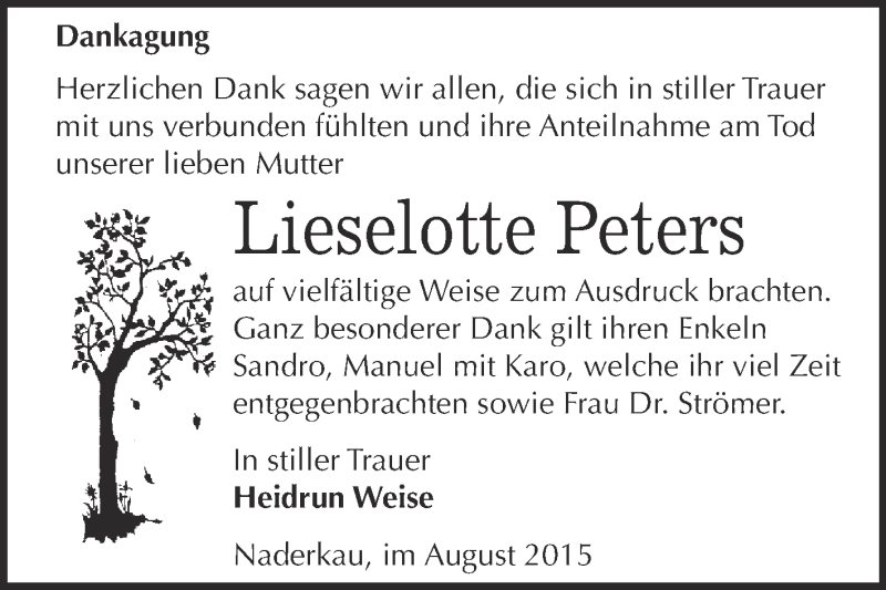  Traueranzeige für Lieselotte Peters vom 15.08.2015 aus Super Sonntag Wittenberg