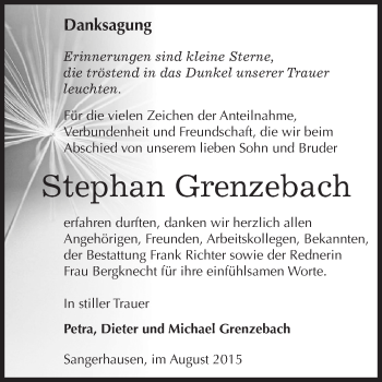 Traueranzeige von Stephan Grenzebach von Super Sonntag SGH Mansf. Land