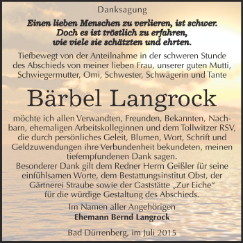 Traueranzeige von Bärbel Langrock von Super Sonntag Merseburg
