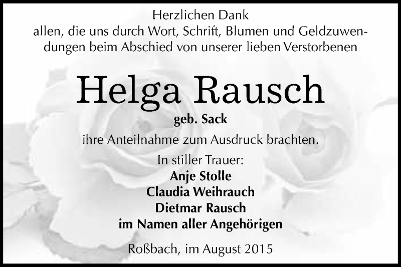  Traueranzeige für Helga Rausch vom 22.08.2015 aus WVG - Wochenspiegel Merseburg
