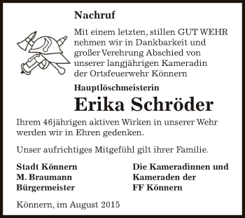 Traueranzeige von Erika Schröder von Super Sonntag Bernburg