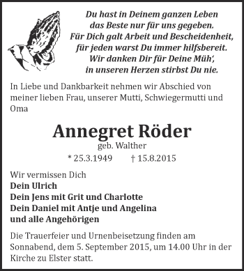 Traueranzeige von Annegret Röder von WVG - Wochenspiegel Wittenberg