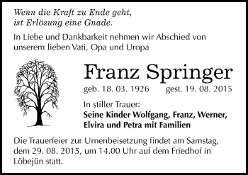 Traueranzeige von Franz Springer von Mitteldeutsche Zeitung Halle/Saalkreis