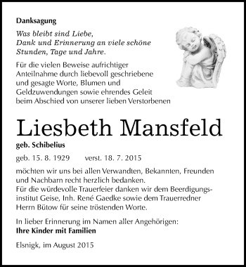 Traueranzeige von Liesbeth Mansfeld von Mitteldeutsche Zeitung Köthen