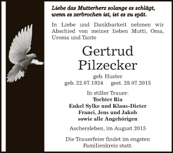 Traueranzeige von Gertrud Pilzecker von Super Sonntag Aschersleben