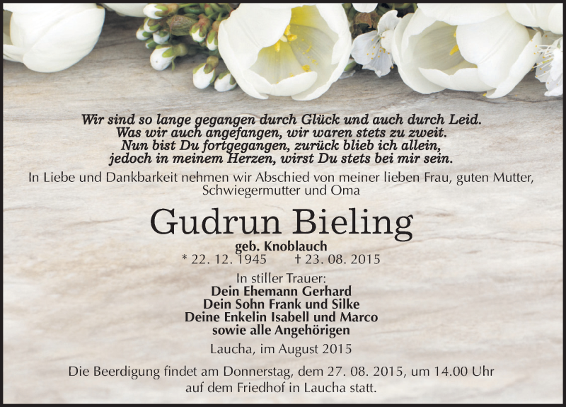  Traueranzeige für Gudrun Bieling vom 25.08.2015 aus Mitteldeutsche Zeitung Naumburg/Nebra