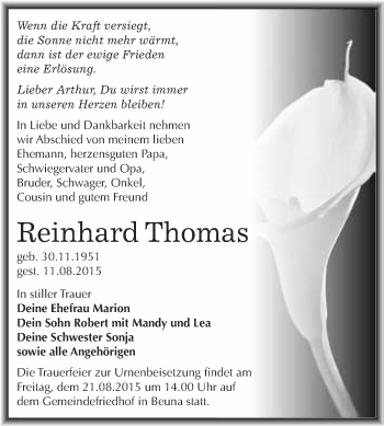 Traueranzeige von Reinhard Thomas von WVG - Wochenspiegel Merseburg