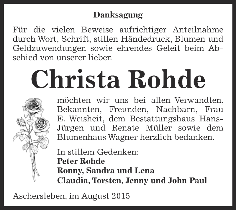  Traueranzeige für Christa Rohde vom 01.08.2015 aus Super Sonntag Aschersleben