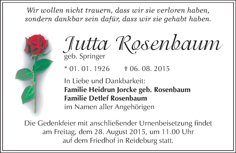  Traueranzeige für Jutta Rosenbaum vom 15.08.2015 aus Mitteldeutsche Zeitung Halle/Saalkreis