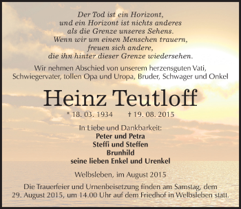 Traueranzeige von Heinz Teutloff von Mitteldeutsche Zeitung Mansfelder Land