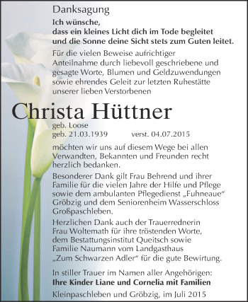 Traueranzeige von Christa Hüttner von WVG - Wochenspiegel Dessau / Köthen