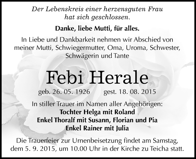  Traueranzeige für Febi Herale vom 22.08.2015 aus Mitteldeutsche Zeitung Halle/Saalkreis