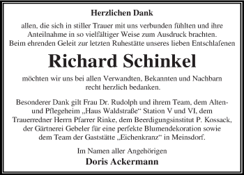 Traueranzeige von Richard Schinkel von WVG - Wochenspiegel Dessau / Köthen