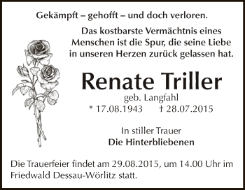 Traueranzeige von Renate Triller von WVG - Wochenspiegel Dessau / Köthen