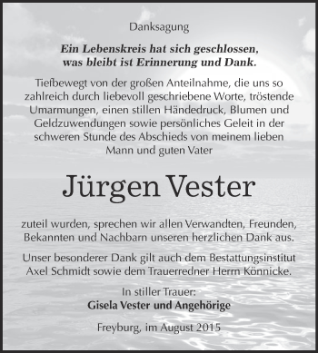 Traueranzeige von Jürgen Vester von WVG - Wochenspiegel NMB / WSF / ZTZ