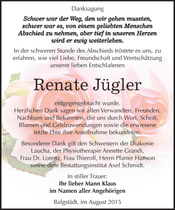 Traueranzeige von Renate Jügler von Mitteldeutsche Zeitung Naumburg/Nebra