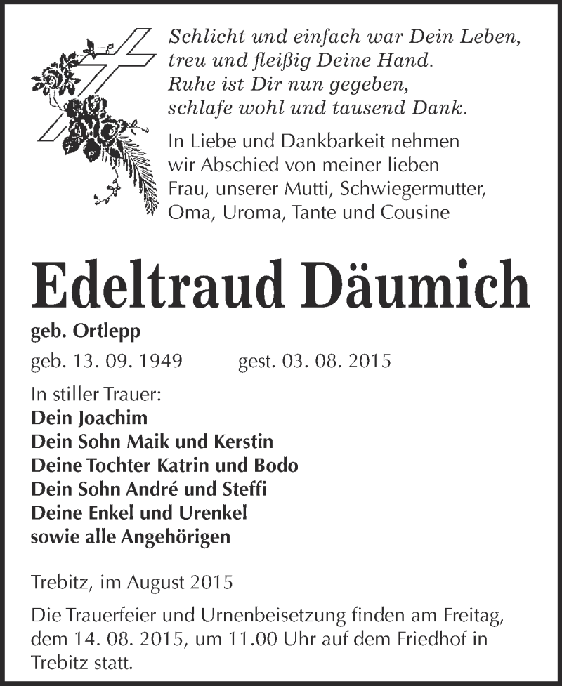  Traueranzeige für Edeltraud Däumich vom 08.08.2015 aus WVG - Wochenspiegel Wittenberg