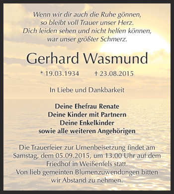 Traueranzeige von Gerhard Wasmund von Super Sonntag Zeitz