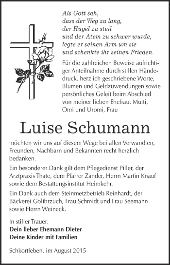 Traueranzeige von Luise Schumann von WVG - Wochenspiegel NMB / WSF / ZTZ