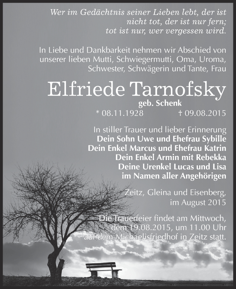  Traueranzeige für Elfriede Tarnofsky vom 15.08.2015 aus Super Sonntag Zeitz