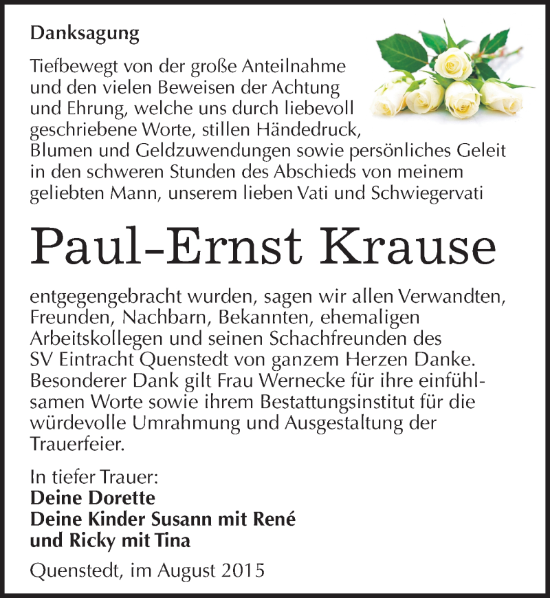  Traueranzeige für Paul-Ernst Krause vom 05.08.2015 aus Mitteldeutsche Zeitung Mansfelder Land