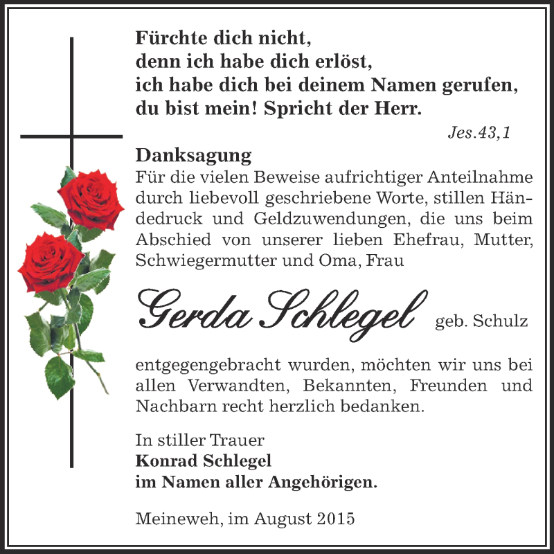  Traueranzeige für Gerda Schlegel vom 15.08.2015 aus Super Sonntag Zeitz