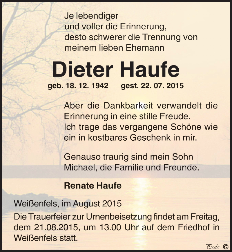  Traueranzeige für Dieter Haufe vom 15.08.2015 aus Mitteldeutsche Zeitung Weißenfels