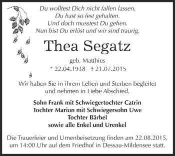 Traueranzeige von Thea Segatz von WVG - Wochenspiegel Dessau / Köthen