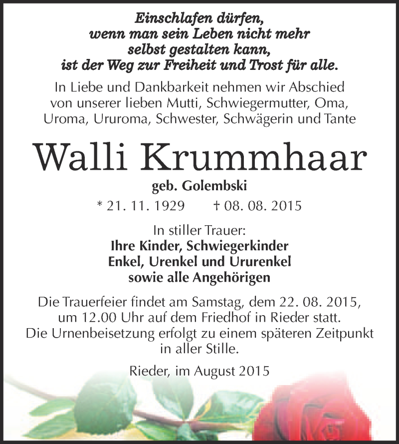  Traueranzeige für Walli Krummhaar vom 15.08.2015 aus WVG - Wochenspiegel Quedlinburg