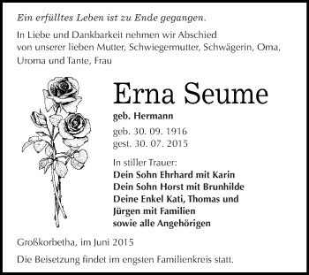 Traueranzeige von Erna Seume von Super Sonntag Merseburg