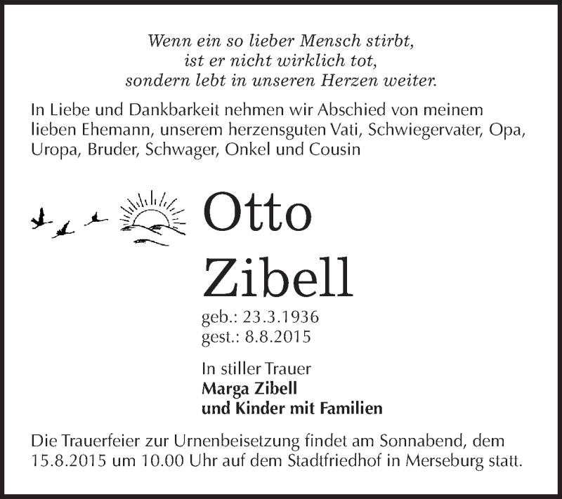  Traueranzeige für Otto Zibell vom 15.08.2015 aus WVG - Wochenspiegel Merseburg