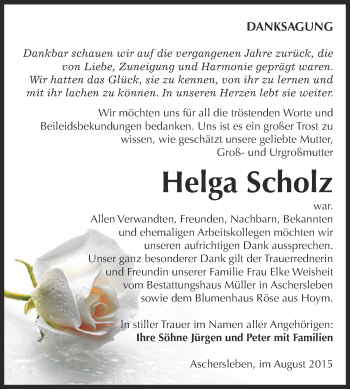 Traueranzeige von Helga Scholz von Super Sonntag Aschersleben