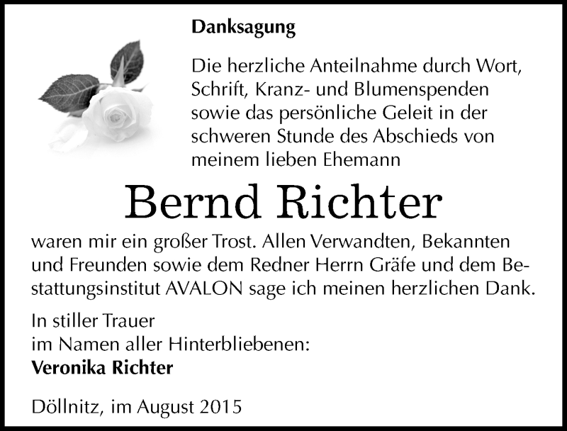  Traueranzeige für Bernd Richter vom 29.08.2015 aus Mitteldeutsche Zeitung Halle/Saalkreis