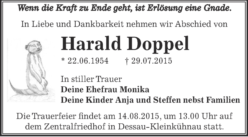  Traueranzeige für Harald Doppel vom 08.08.2015 aus WVG - Wochenspiegel Dessau / Köthen
