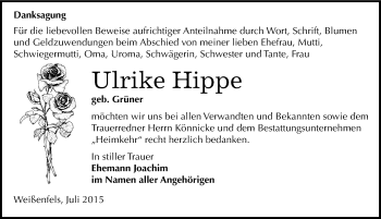 Traueranzeige von Ulrike Hippe von Mitteldeutsche Zeitung Weißenfels