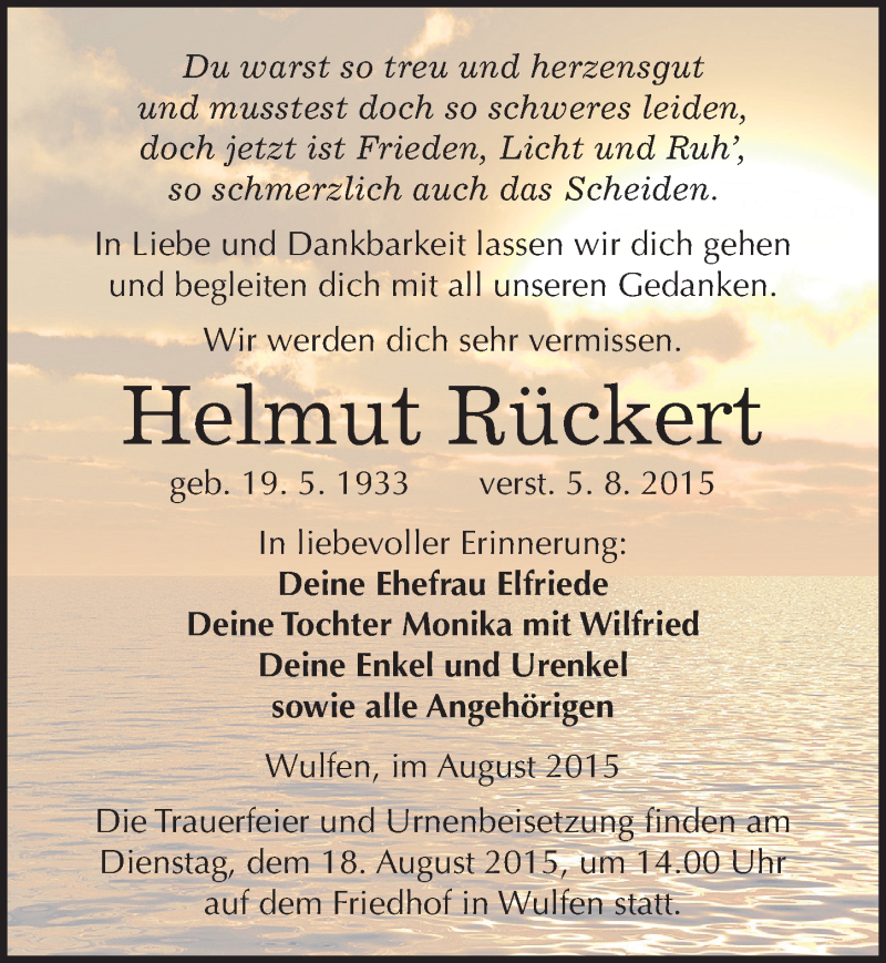  Traueranzeige für Helmut Rückert vom 06.08.2015 aus Mitteldeutsche Zeitung Köthen