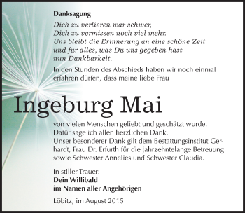 Traueranzeige von Ingeburg Mai von Mitteldeutsche Zeitung Naumburg/Nebra
