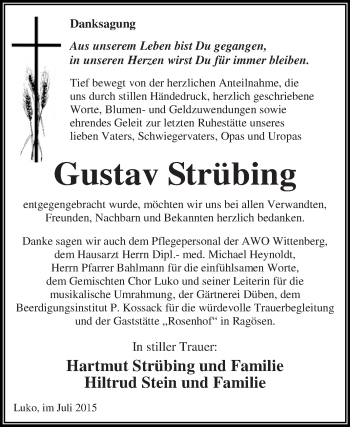 Traueranzeige von Gustav Strübing von WVG - Wochenspiegel Dessau / Köthen