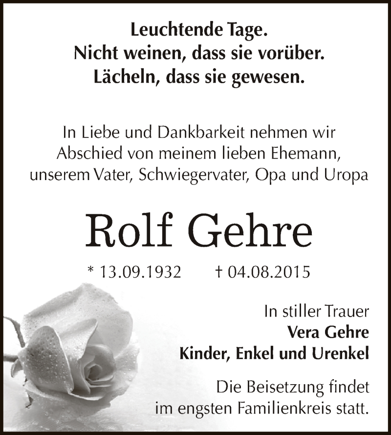  Traueranzeige für Rolf Gehre vom 15.08.2015 aus WVG - Wochenspiegel Dessau / Köthen