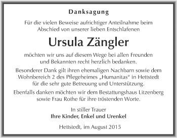 Traueranzeige von Ursula Zängler von Wochenspiegel Mansfelder Land
