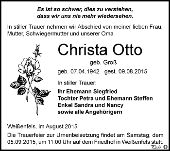 Traueranzeige von Christa Otto von WVG - Wochenspiegel NMB / WSF / ZTZ