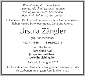 Traueranzeige von Ursula Zängler von Wochenspiegel Mansfelder Land