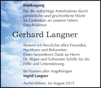 Traueranzeige von Gerhard Langner von Mitteldeutsche Zeitung Aschersleben