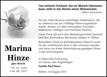 Traueranzeige von Marina Hinze von Mitteldeutsche Zeitung Köthen