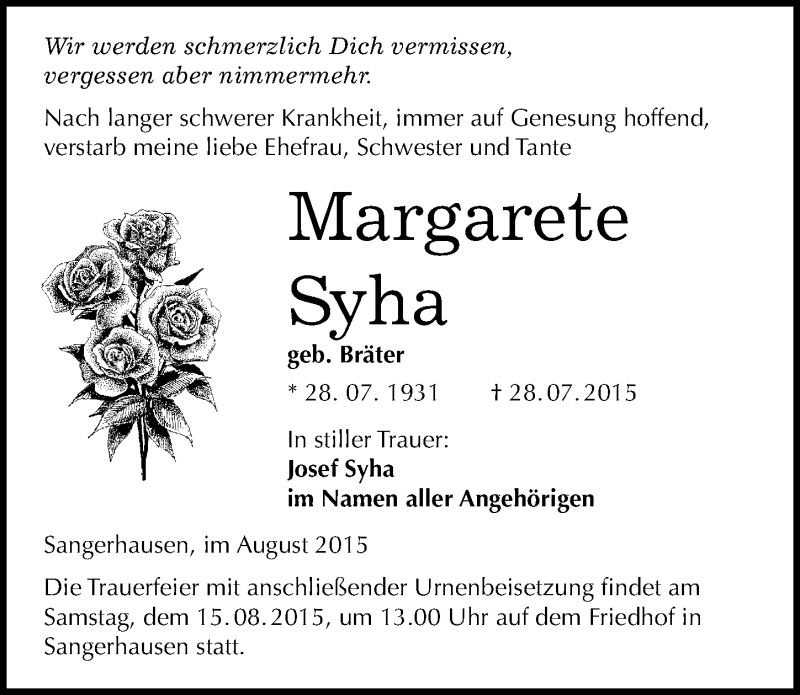  Traueranzeige für Margarete Syha vom 08.08.2015 aus Mitteldeutsche Zeitung Sangerhausen